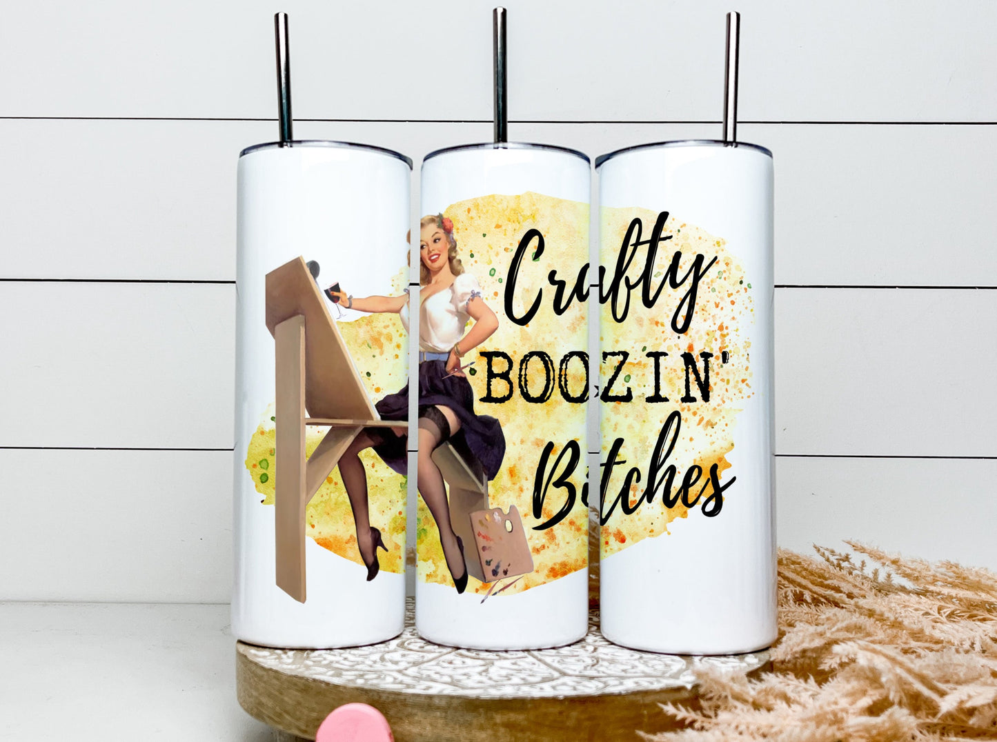 Crafty Boozin' Bitches Tumbler, Funny Retro Housewives Skinny Tumbler