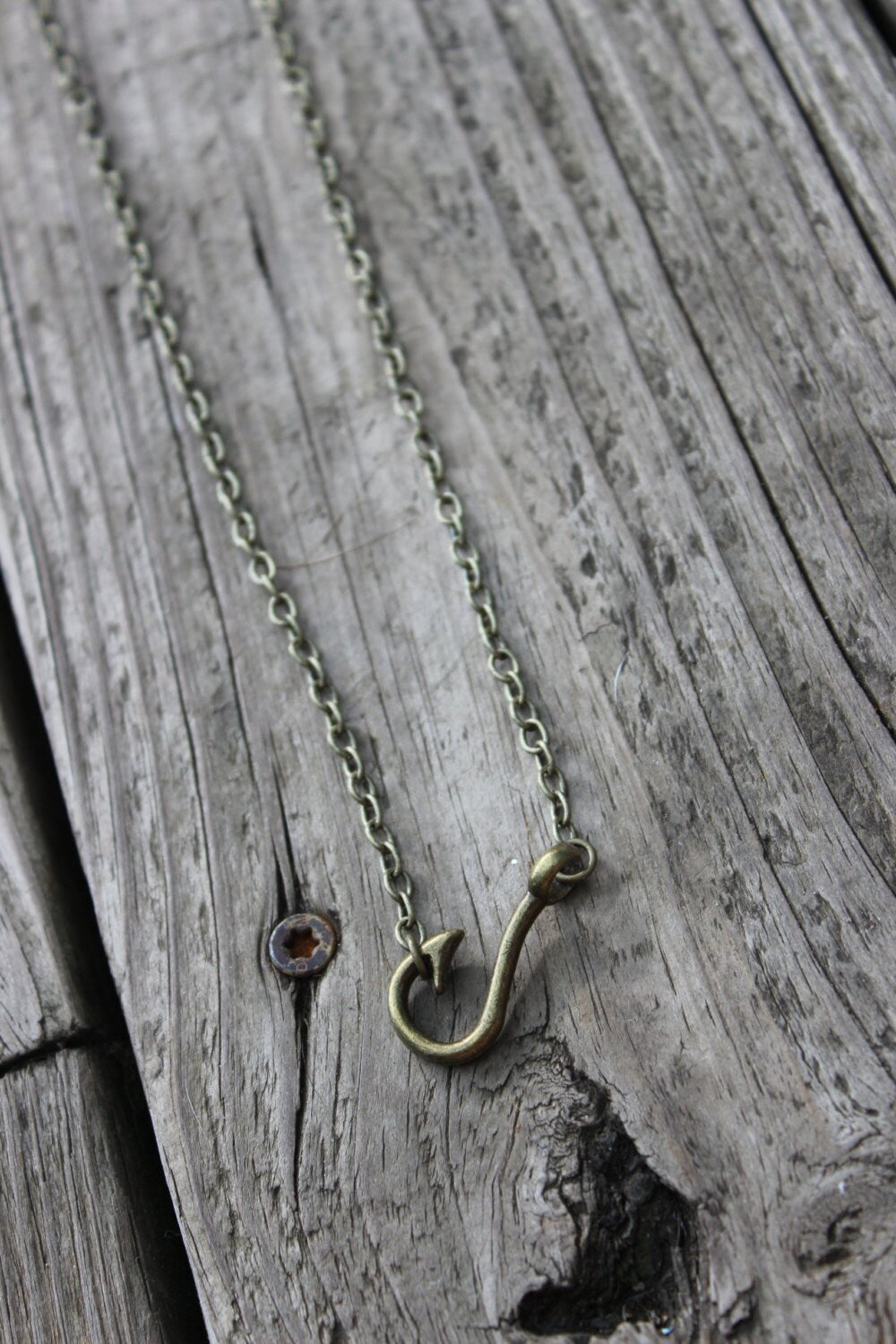 Handmade Antique Brass Fishing Hook Necklace for the Country Girl Fishing Necklace, Fish Hook Necklace