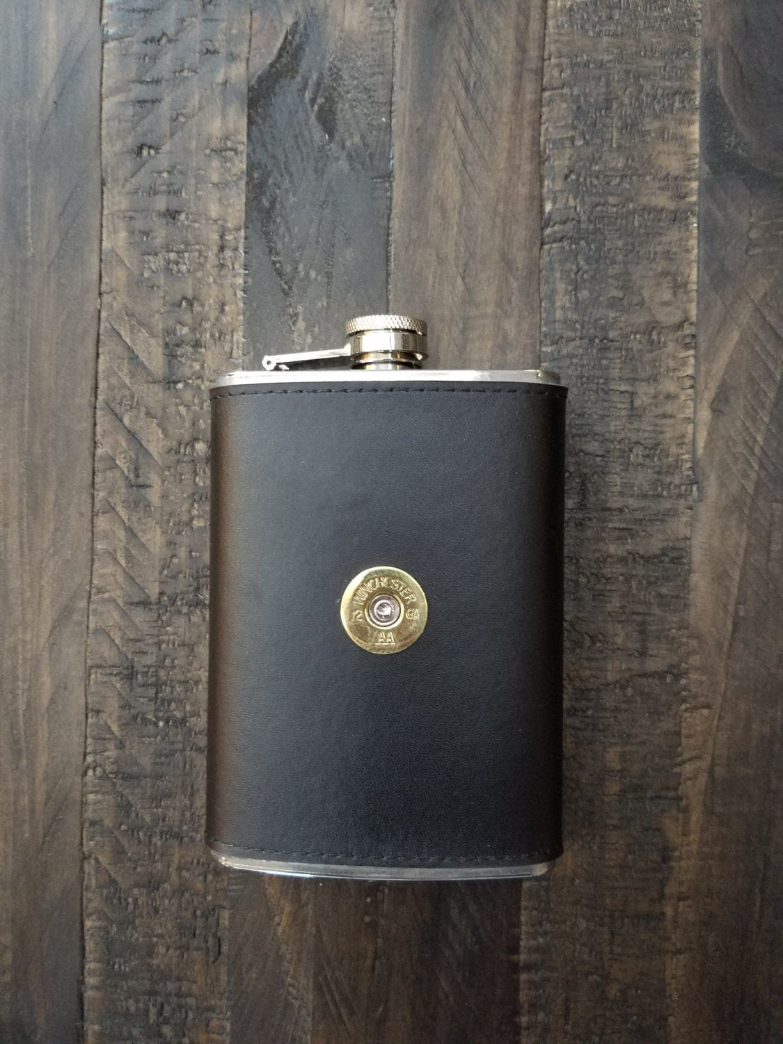 Black Leather Bullet Flask, 12GA, Winchester Remington Wedding Party Gift Groomsman Gift Set Groomsmen Flask Leather Flask Shotgun Shell