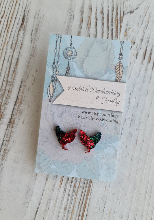 Christmas Glitter Chicken Stud Earrings, Christmas Chicken Earrings, Christmas Chicken Post Earrings, Gifts for Her, Glitter Earrings