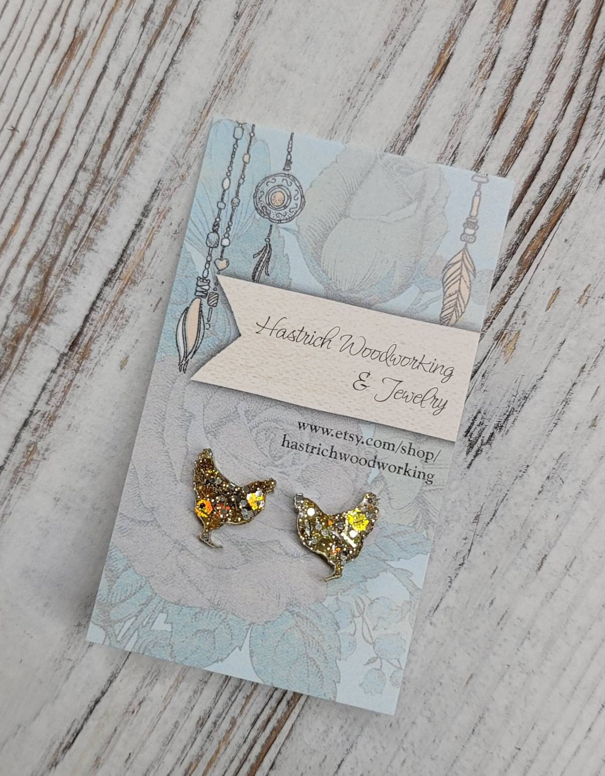 Holo Glitter Chicken Stud Earrings, Chicken Earrings, Chicken Post Earrings, Gifts for Her, Glitter Earrings