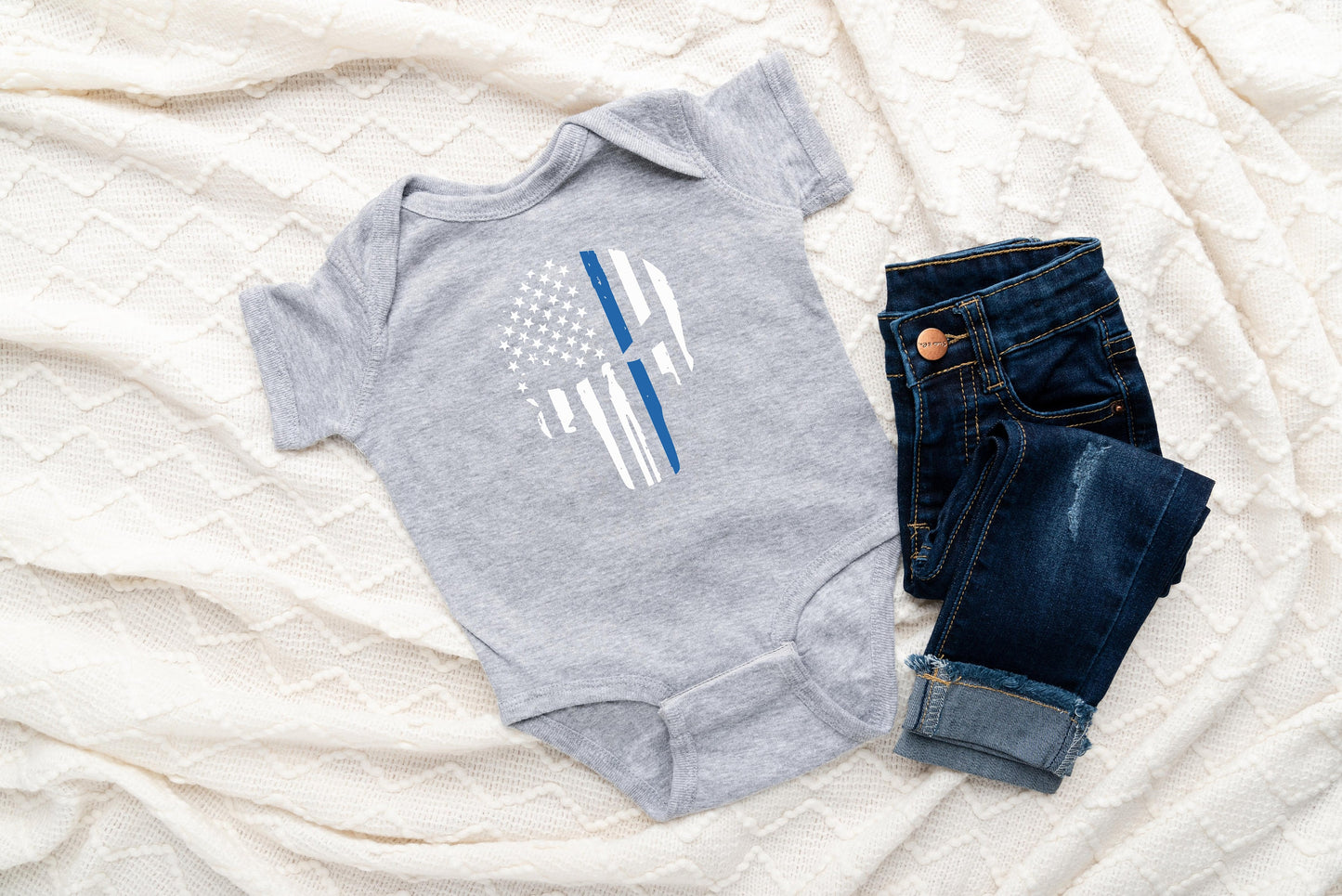 Thin Blue Line Baby Creeper - Law Enforcement - Police Flag - American Flag Blue Line Flag Creeper Bodysuit Romper