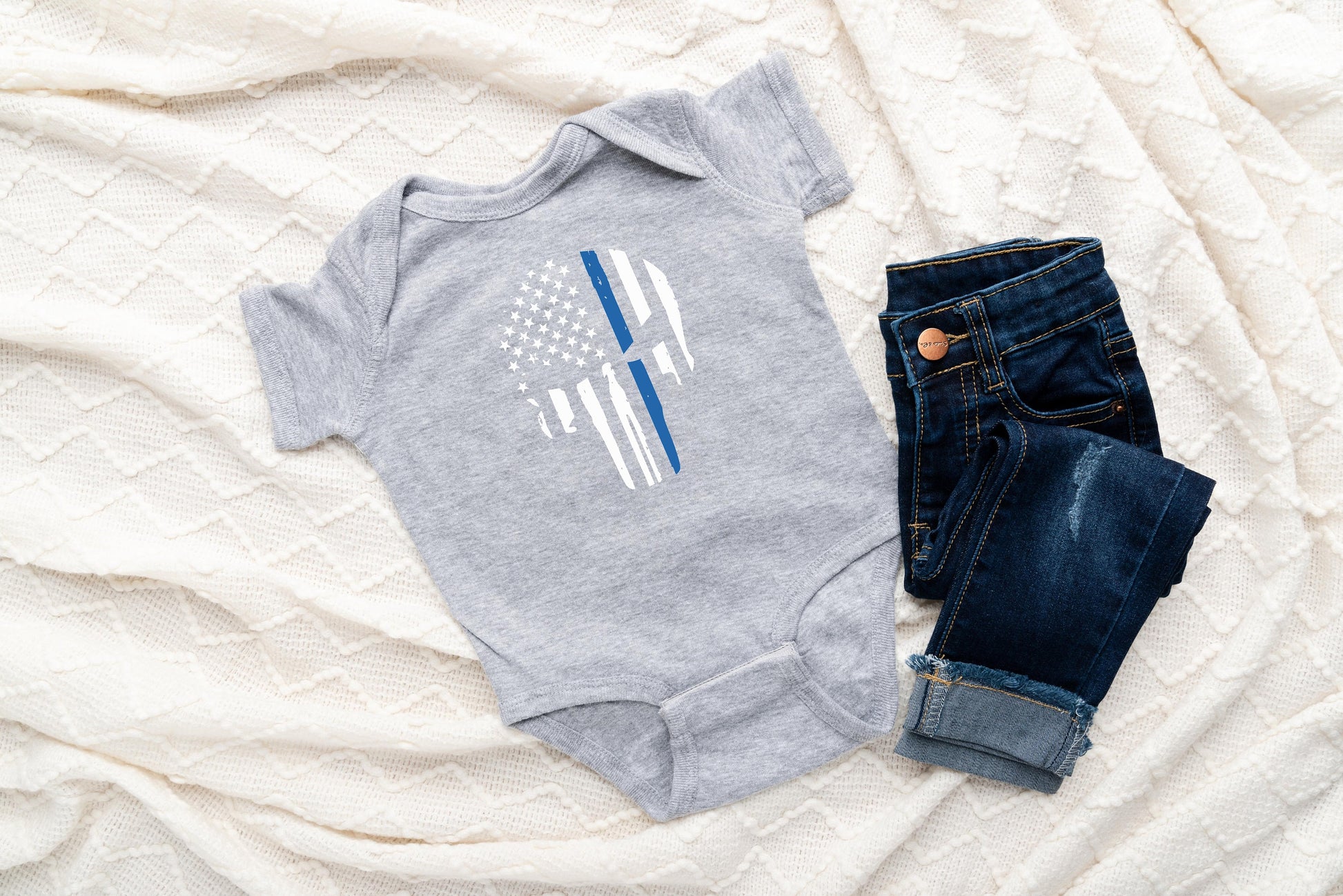 Thin Blue Line Baby Creeper - Law Enforcement - Police Flag - American Flag Blue Line Flag Creeper Bodysuit Romper