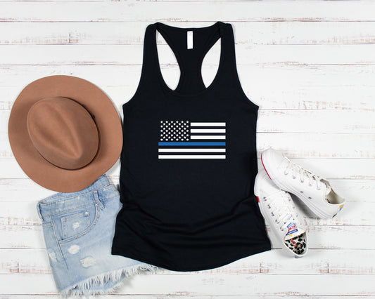 Police Officer American Flag Blue Line USA Women's Racerback Tank Top Law Enforcement Tank Tops