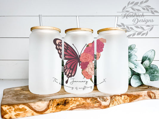 Butterfly Birth Month Cup Iced Coffee Cup Glass, Beer Can Glass, Birth Month Coffee Cup, Glass Cup Coffee Can Beer, Gifts for Her