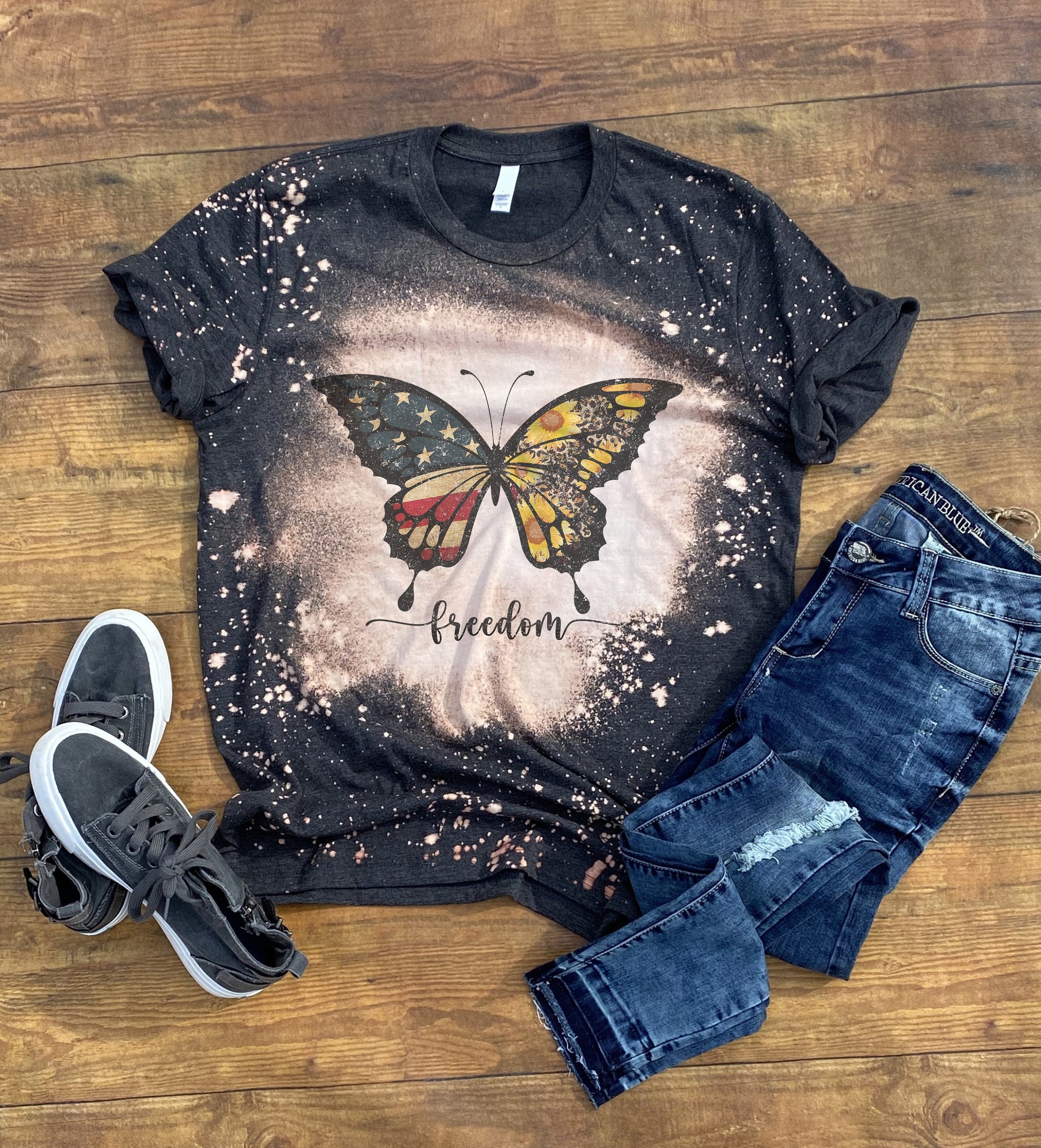 Butterfly Freedom Shirt Tee, Butterfly Freedom Bleached Tee, Patriotic Tee, Patriotic Bleached Tee