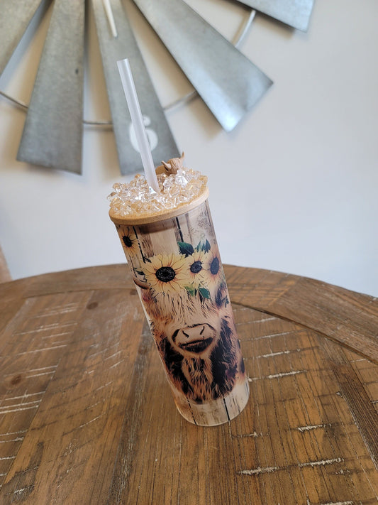 Scottish Highland Cow 25oz Frosted Glass Tumbler with 3D Ice Topper, Highland Cow Tumbler, Ice Topper Tumbler