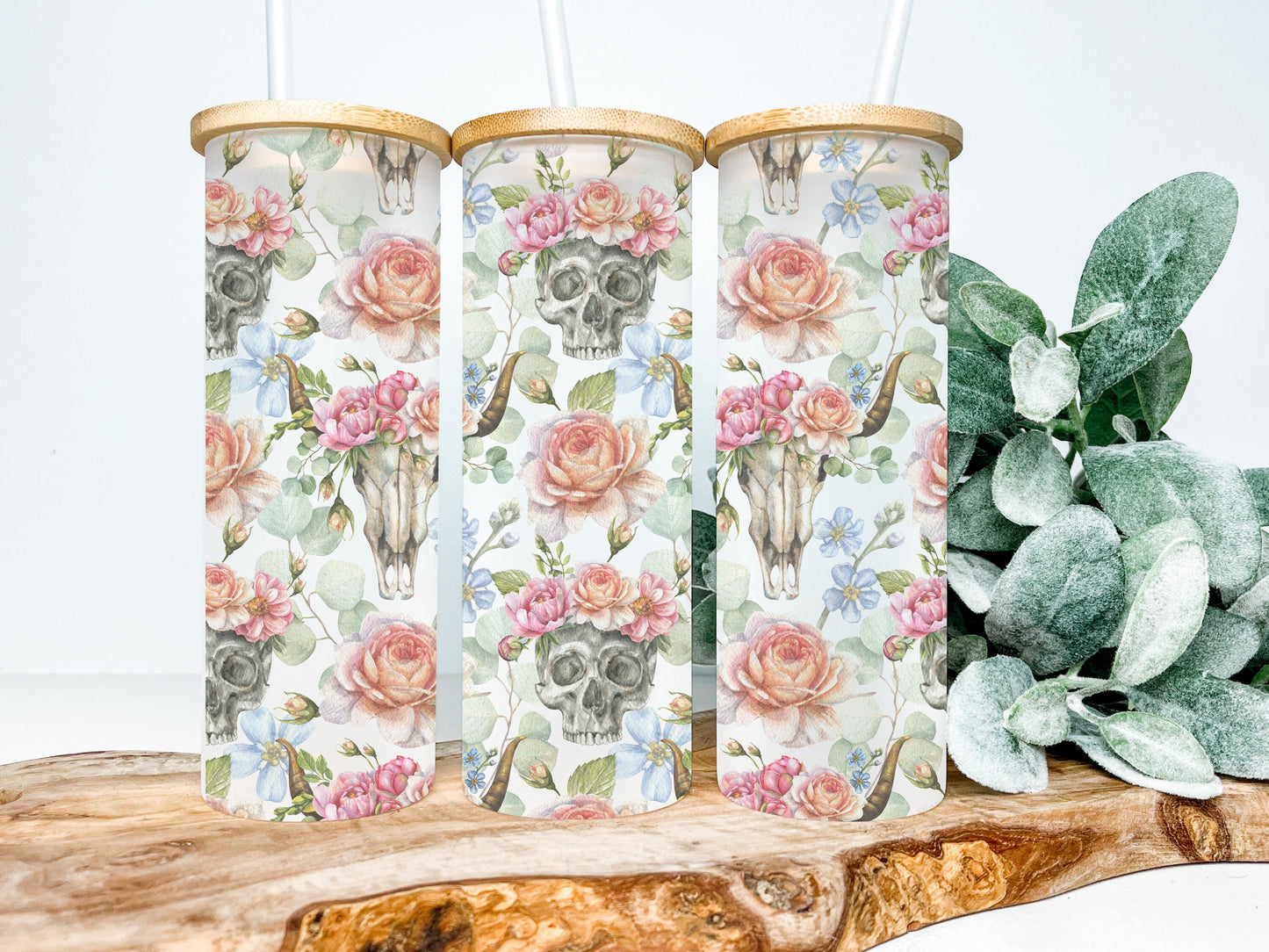 Boho Roses and Bull Skulls 25oz Frosted Glass Tumbler, Floral Bull Skull Tumbler