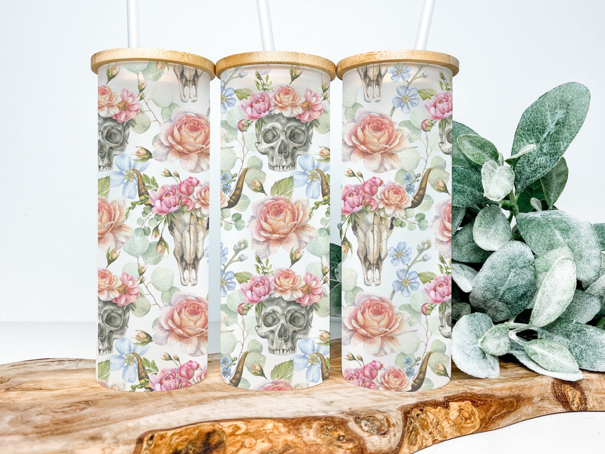 Boho Roses and Bull Skulls 25oz Frosted Glass Tumbler, Floral Bull Skull Tumbler