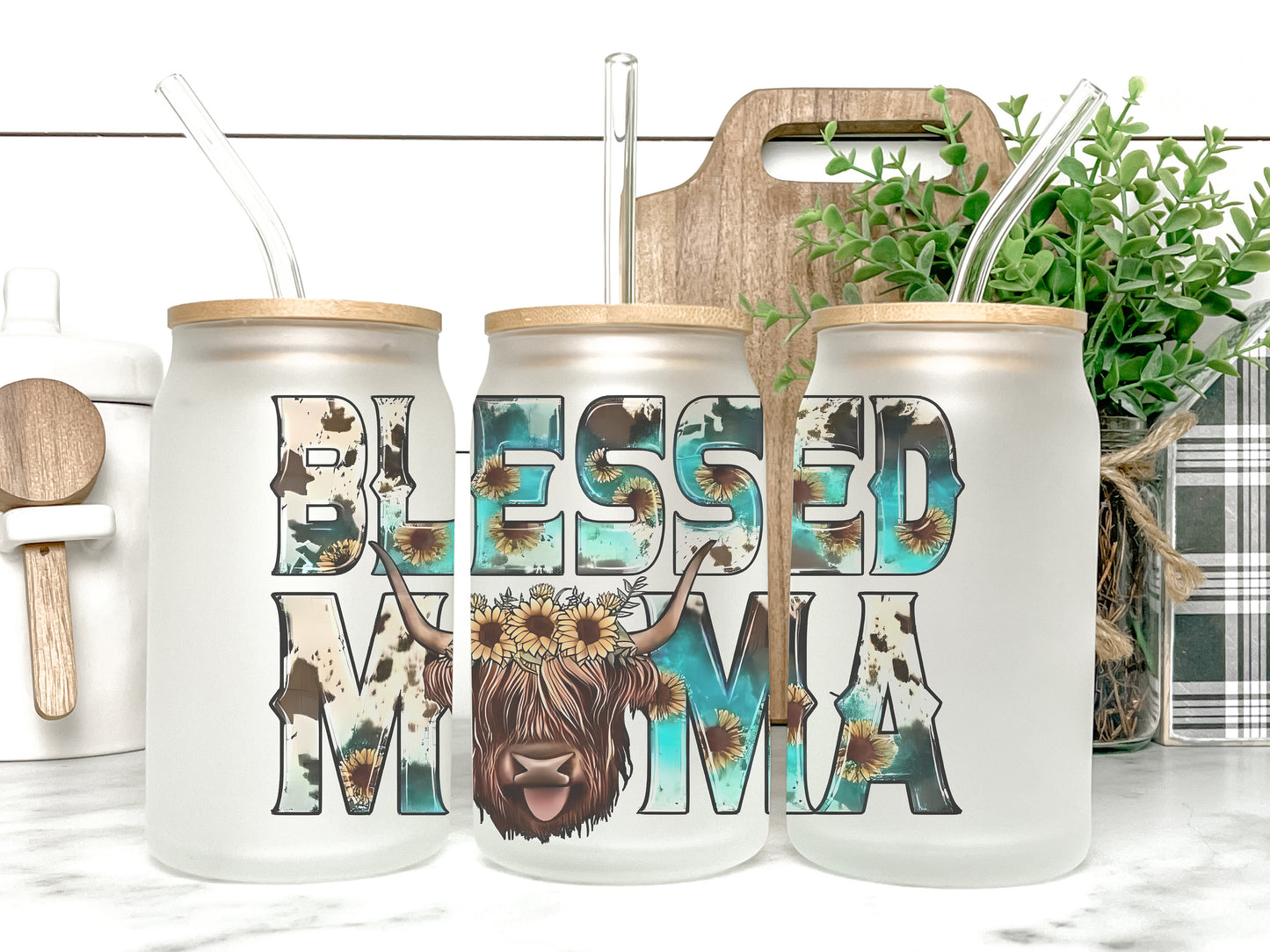 Blessed Mama Cow Cup Iced Coffee Cup Glass, Beer Can Glass, Highland Cow Coffee Cup, Glass Cup Coffee Can Beer, Cow Soda Can Glass