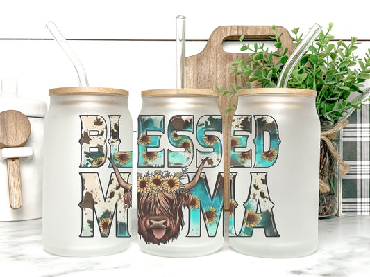 Blessed Mama Cow Cup Iced Coffee Cup Glass, Beer Can Glass, Highland Cow Coffee Cup, Glass Cup Coffee Can Beer, Cow Soda Can Glass