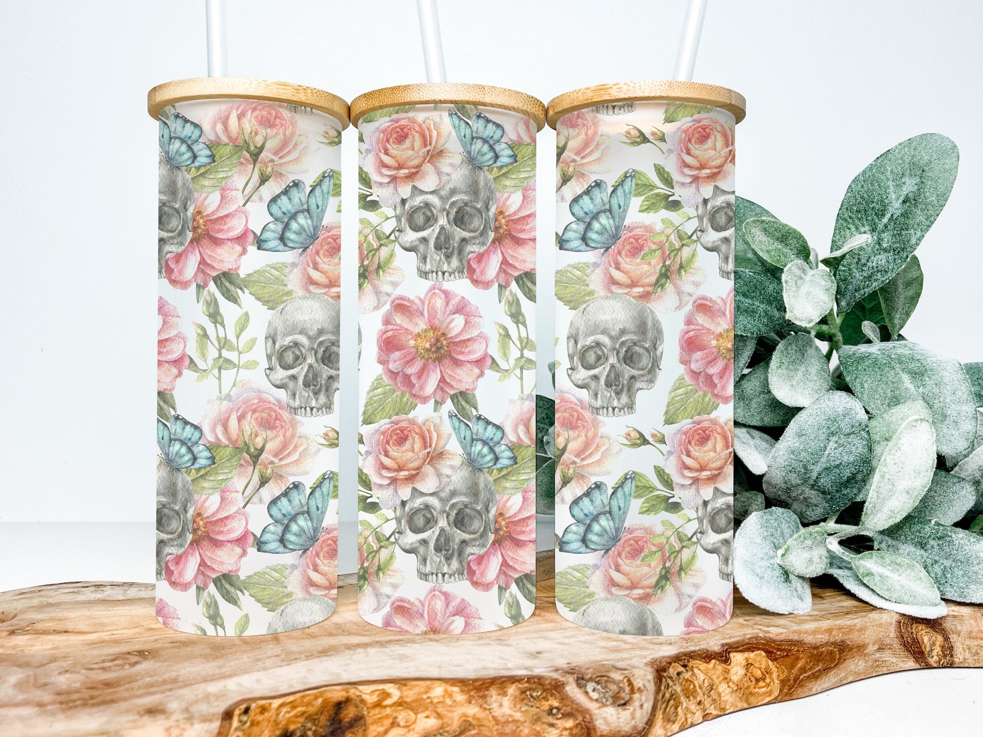 Floral Skulls 25oz Frosted Glass Tumbler, Floral Skull Tumbler