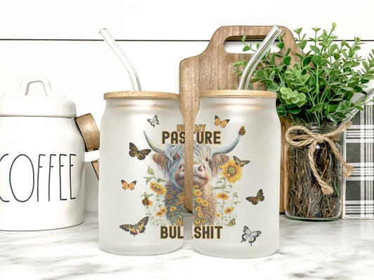 Not My Pasture Not My Bullsh*t Cow Cup Iced Coffee Cup Glass, Beer Can Glass, Highland Cow Coffee Cup, Glass Cup Coffee Can Beer