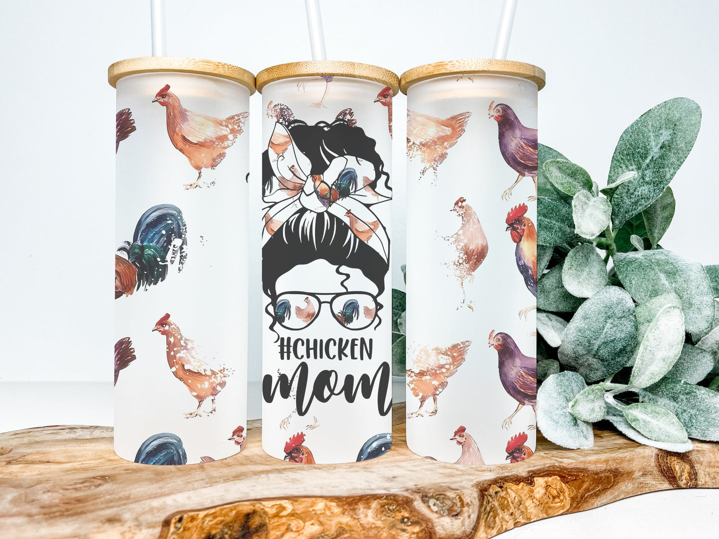 Chicken Mom 25oz Frosted Glass Tumbler, Chicken Mom Tumbler, Chicken Frosted Tumbler