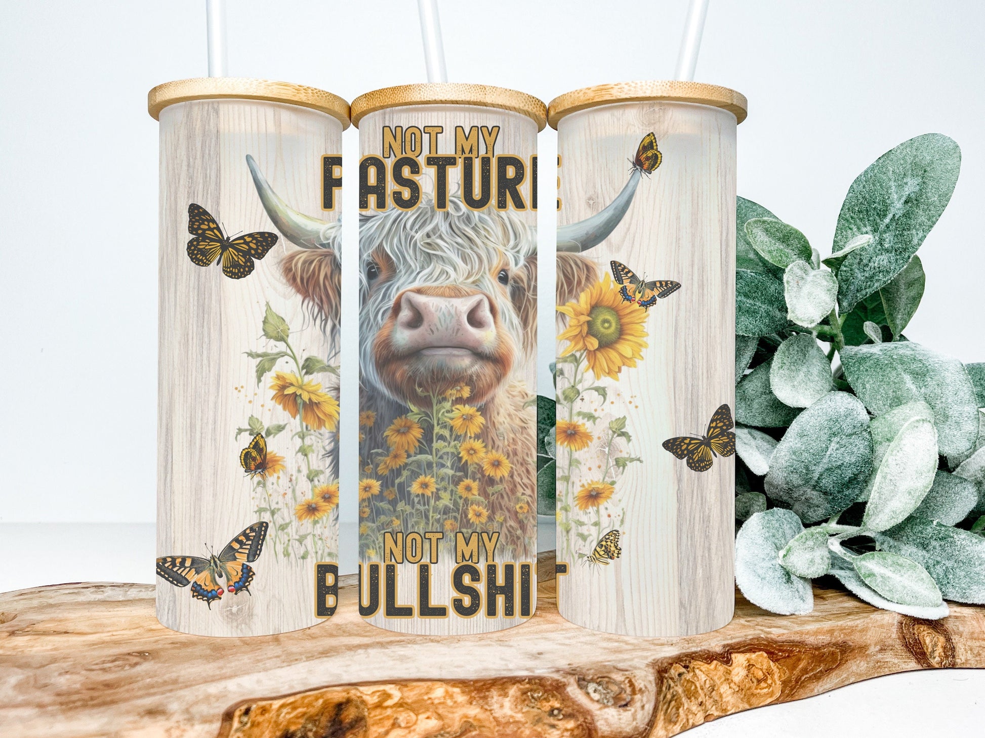 Not My Pasture Not My Bullsh*t Highland Cow 25oz Frosted Glass Tumbler, Highland Cow Tumbler