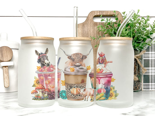 Farm Animals Cup Iced Coffee Cup Glass, Beer Can Glass, Farm Animal Coffee Cup, Glass Cup Coffee Can Beer, Cow Soda Can Glass