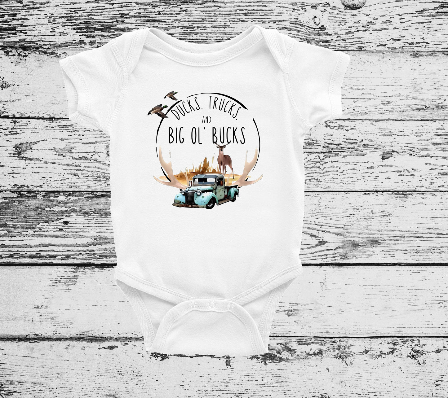 Ducks Trucks and Big Ol' Bucks Baby Bodysuit, Ducks Trucks and Big Ol' Bucks Baby Creeper, Country Baby