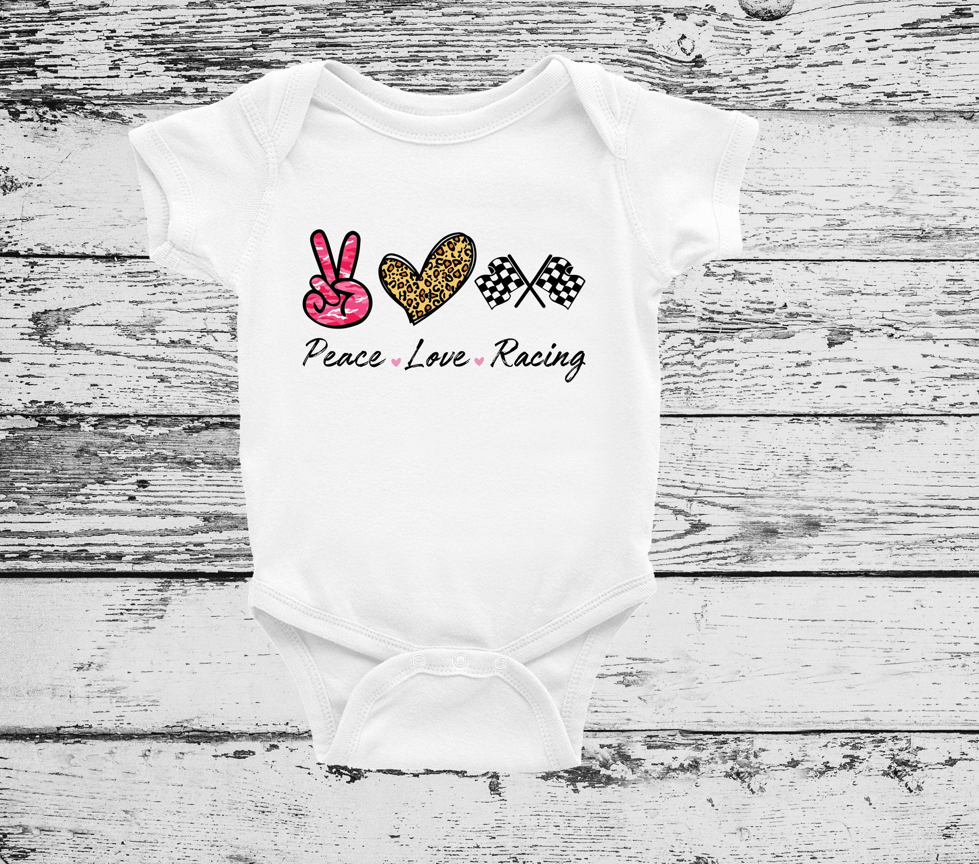 Peace Love Racing Baby Bodysuit, Racing Baby Creeper, Racing Baby