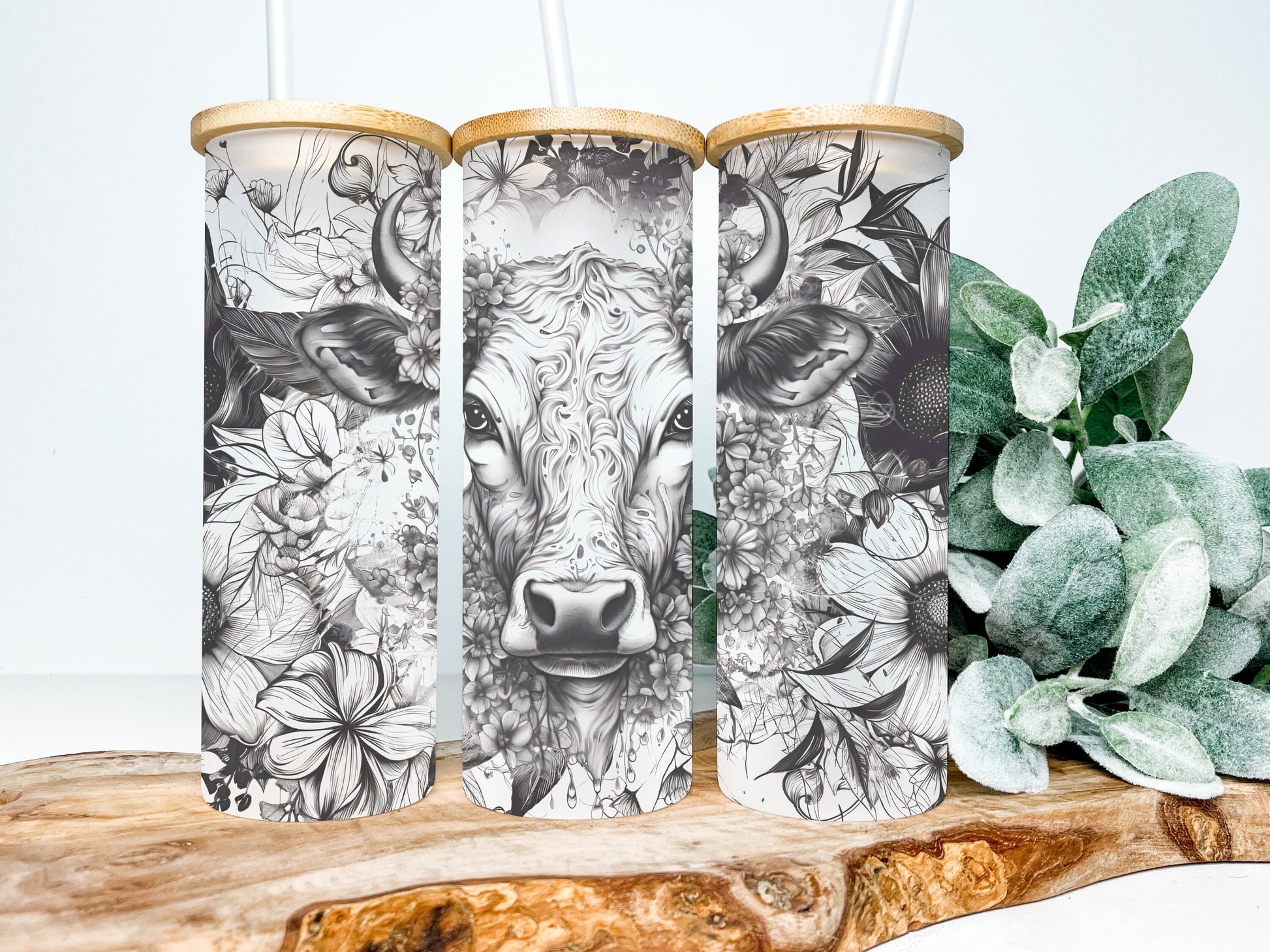 Black and White Cow 25oz Frosted Glass Tumbler, Cow Tumbler, B&W Cow Tumbler