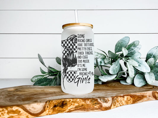 Racing Girls Cup Iced Coffee Cup Glass, Racing Girls Beer Can Glass, Racing Iced Coffee Cup, Glass Cup Coffee Can Beer