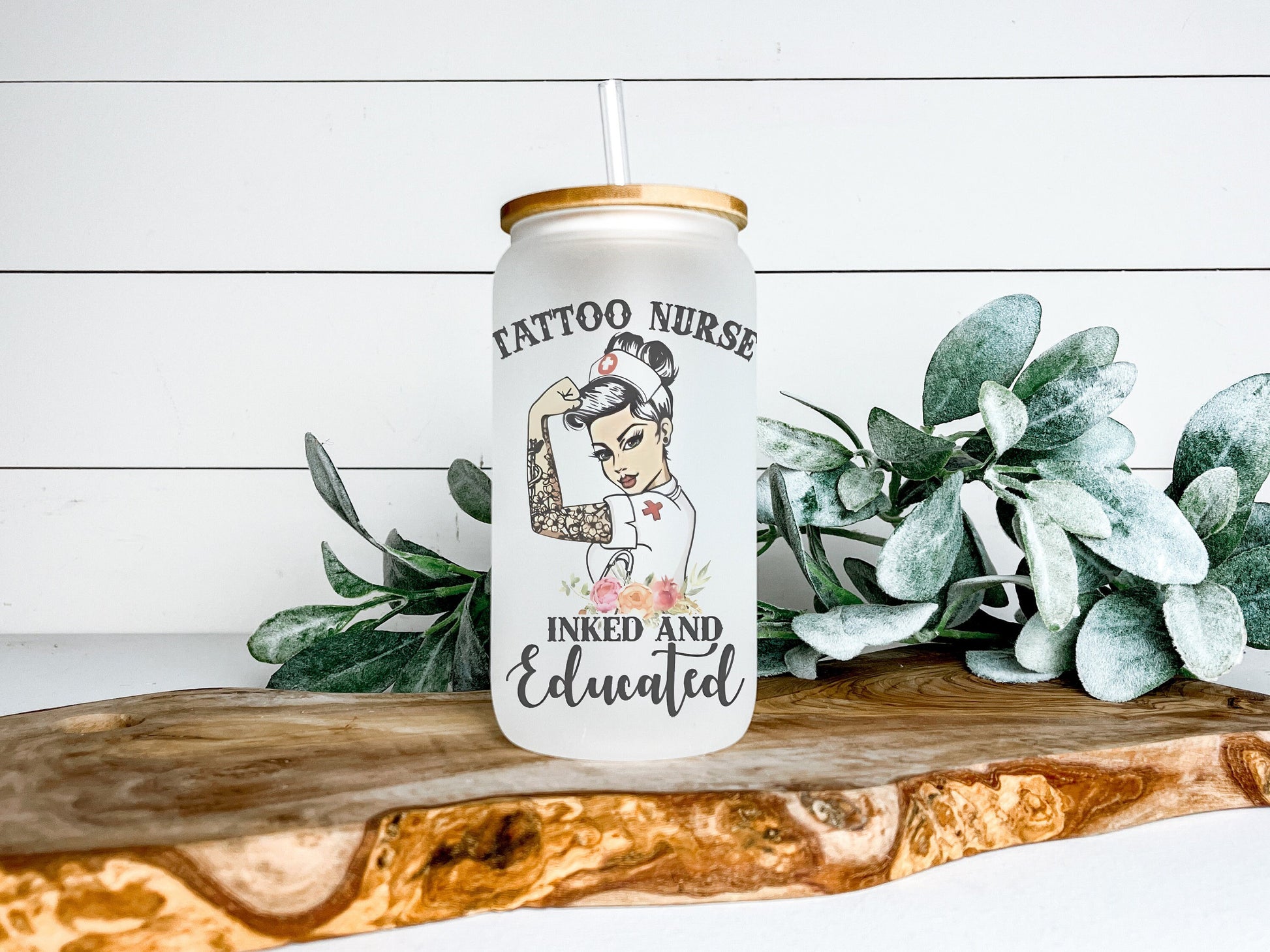 Tattoo Nurse Inked and Educated Cup Iced Coffee Cup Glass, Tattoo Nurse Beer Can Glass, Nurse Iced Coffee Cup, Glass Cup Coffee Can Beer