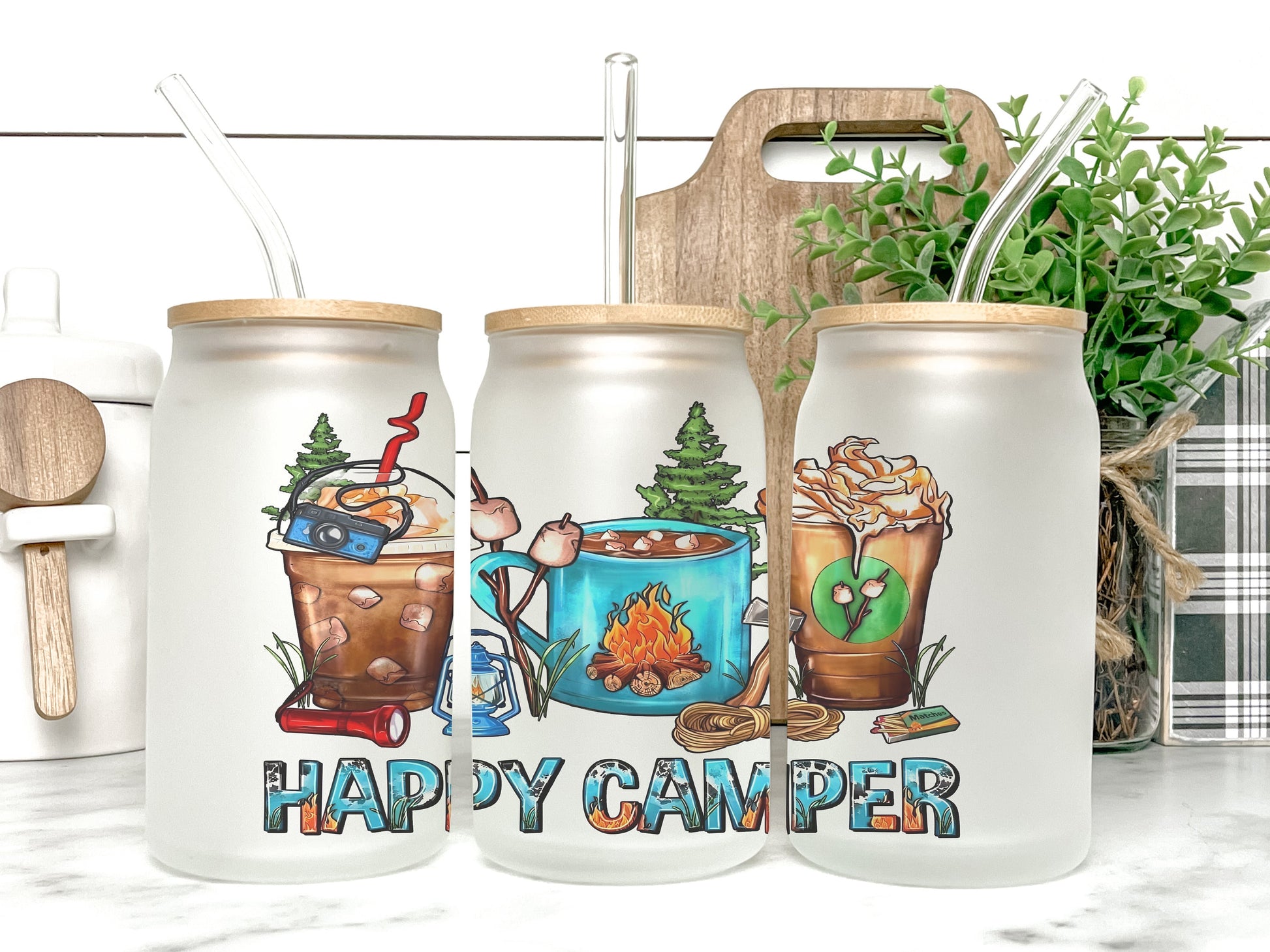 Happy Camper Cup Iced Coffee Cup Glass, Beer Can Glass, Camping Coffee Cup, Glass Cup Coffee Can Beer, Camping Glass Can