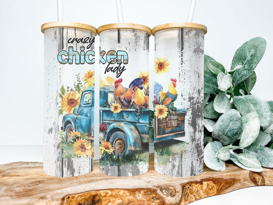 Crazy Chicken Lady 25oz Frosted Glass Tumbler, Chicken Lady Tumbler, Chicken Frosted Tumbler