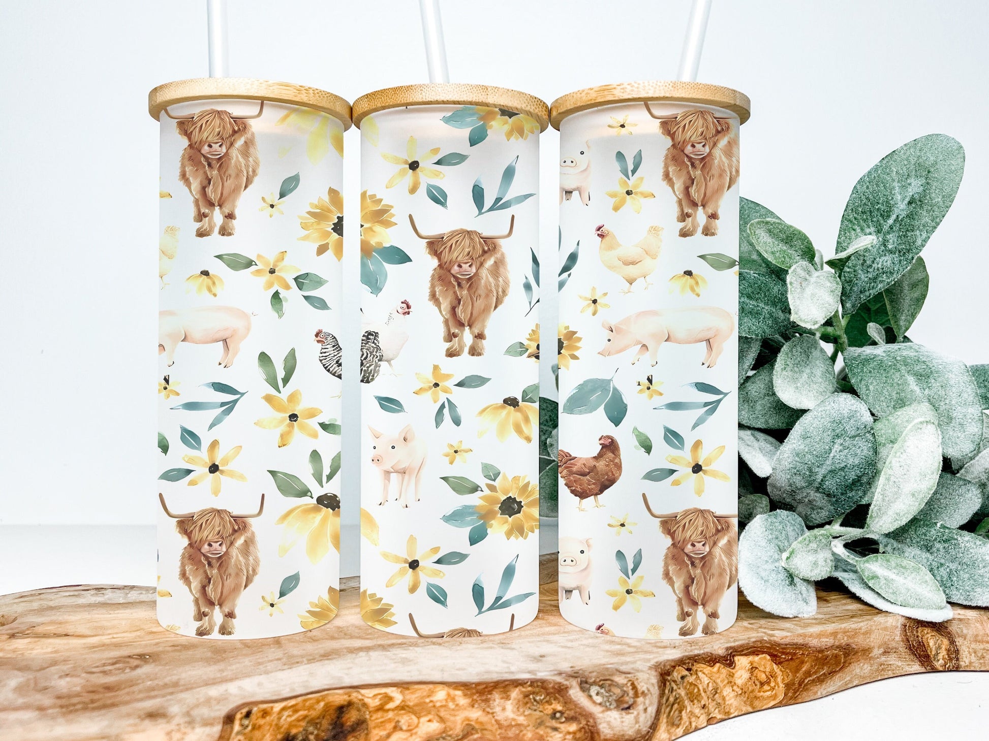 Farm Animal 25oz Frosted Glass Tumbler, Highland Cow Tumbler, Chicken Tumbler, Pig Tumbler, Farm Tumbler