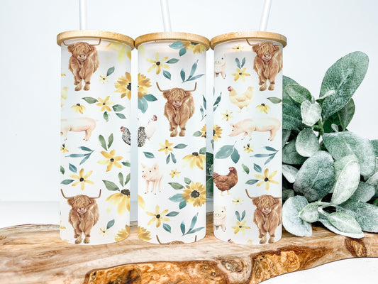 Farm Animal 25oz Frosted Glass Tumbler, Highland Cow Tumbler, Chicken Tumbler, Pig Tumbler, Farm Tumbler