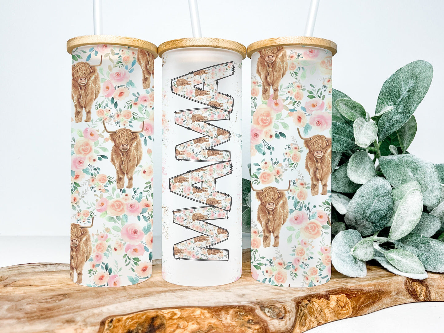 Highland Cow Mama 25oz Frosted Glass Tumbler, Highland Cow Mama Tumbler