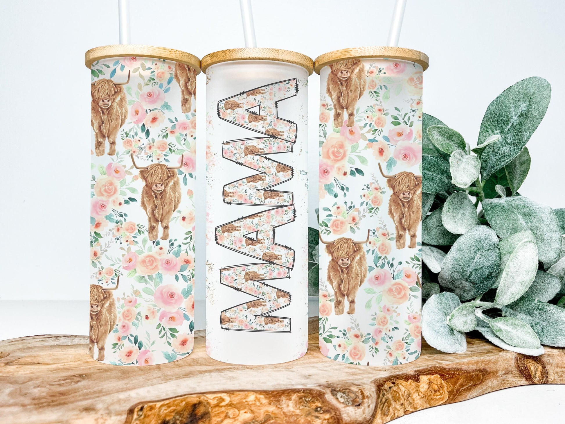 Highland Cow Mama 25oz Frosted Glass Tumbler, Highland Cow Mama Tumbler
