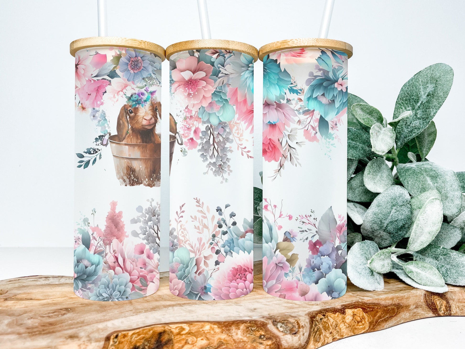 Floral Goat 25oz Frosted Glass Tumbler, Goat Tumbler, Goat Frosted Tumbler Goat in a Tub Tumbler