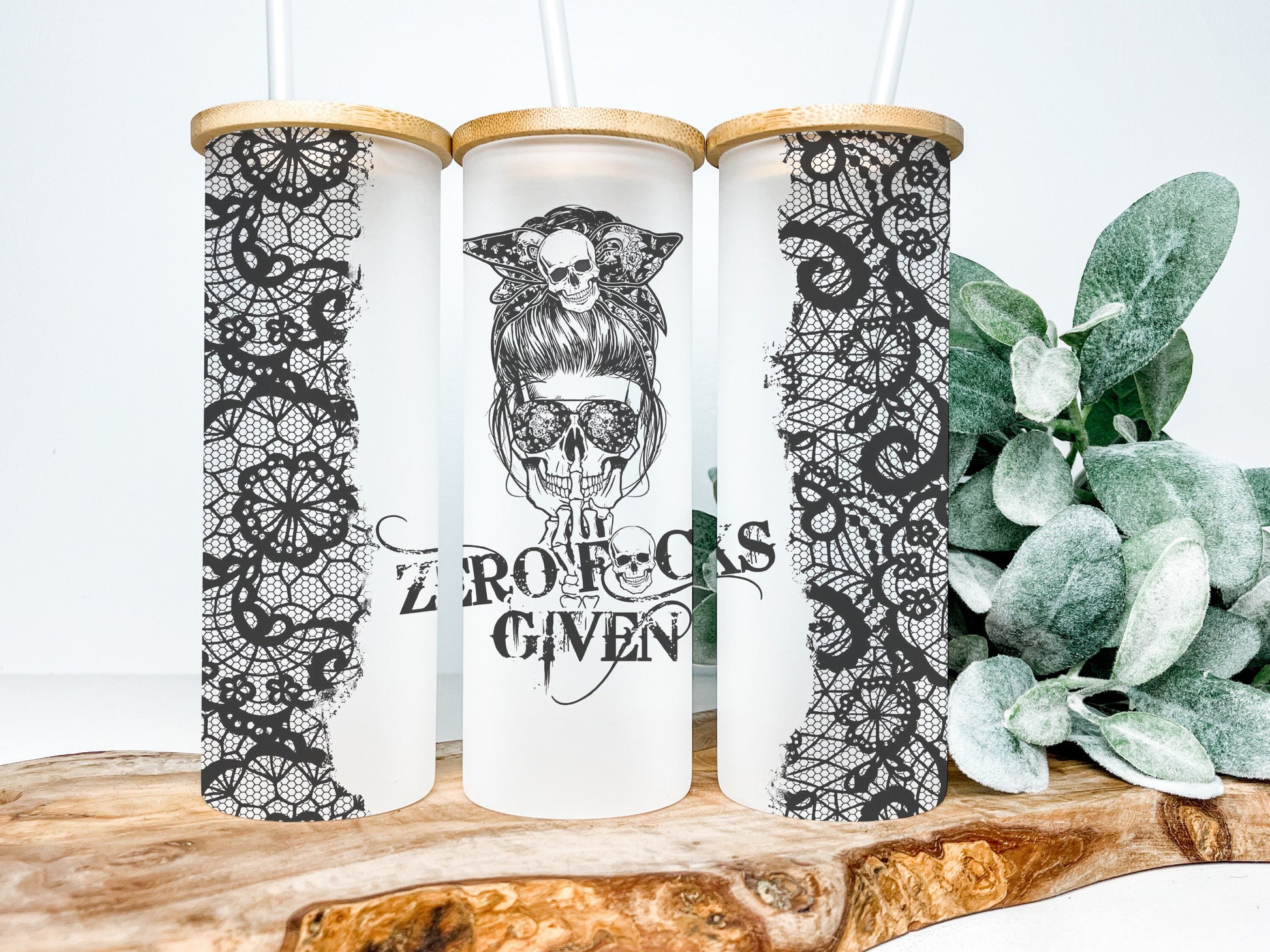 Zero F*cks Given 25oz Frosted Glass Tumbler, Skull Tumbler Funny Tumbler