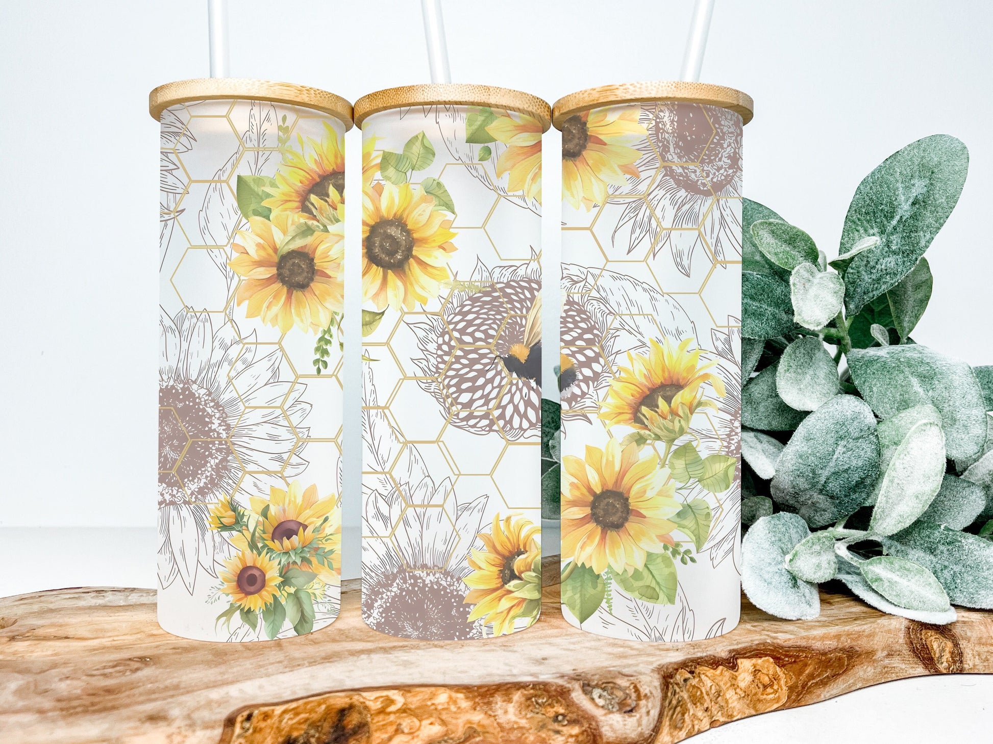 Bees and Sunflowers 25oz Frosted Glass Tumbler, Bee Tumbler Sunflower Tumbler