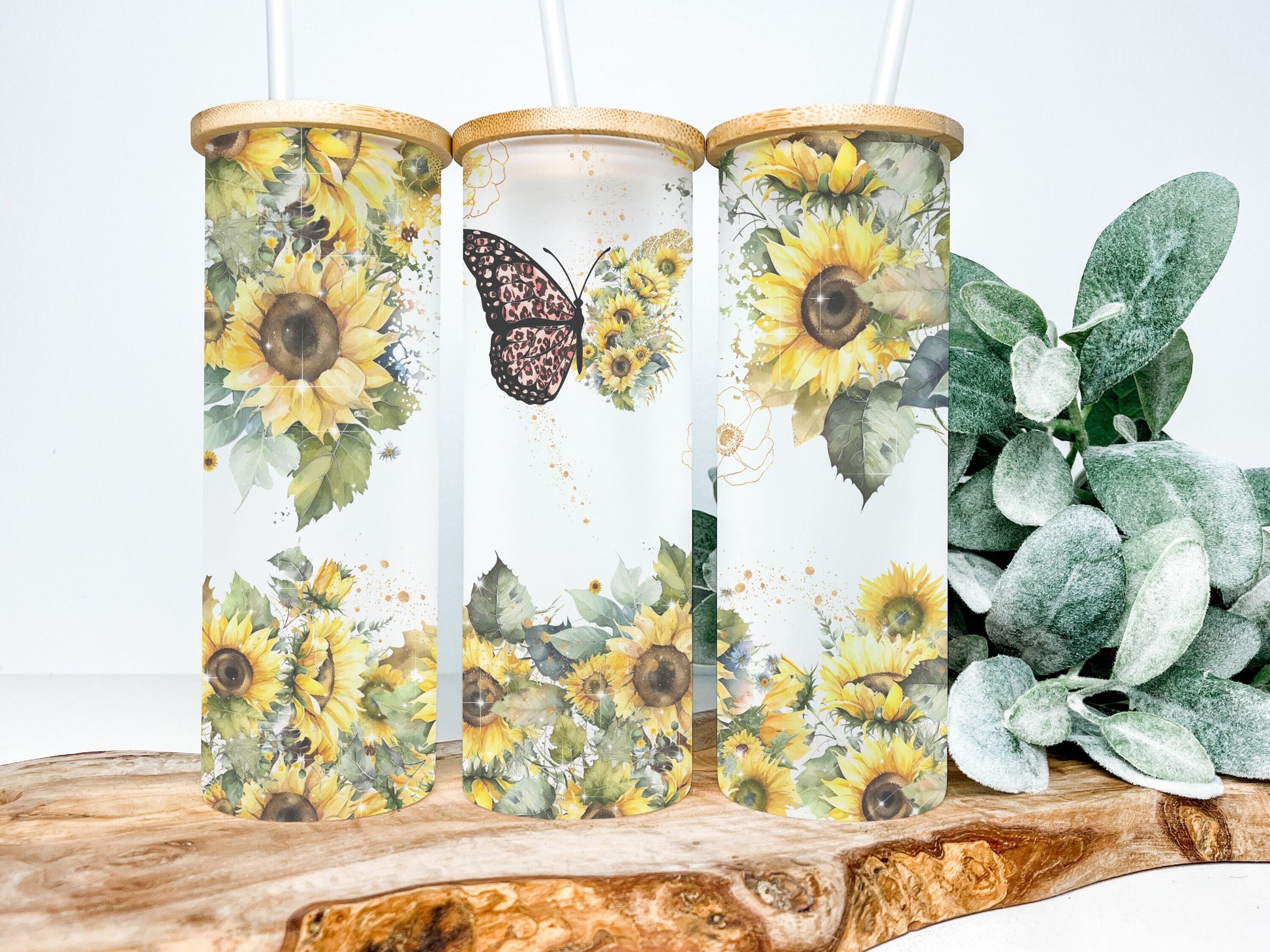 Sunflowers and Butterflies 25oz Frosted Glass Tumbler, Sunflower Tumbler Butterfly Tumbler