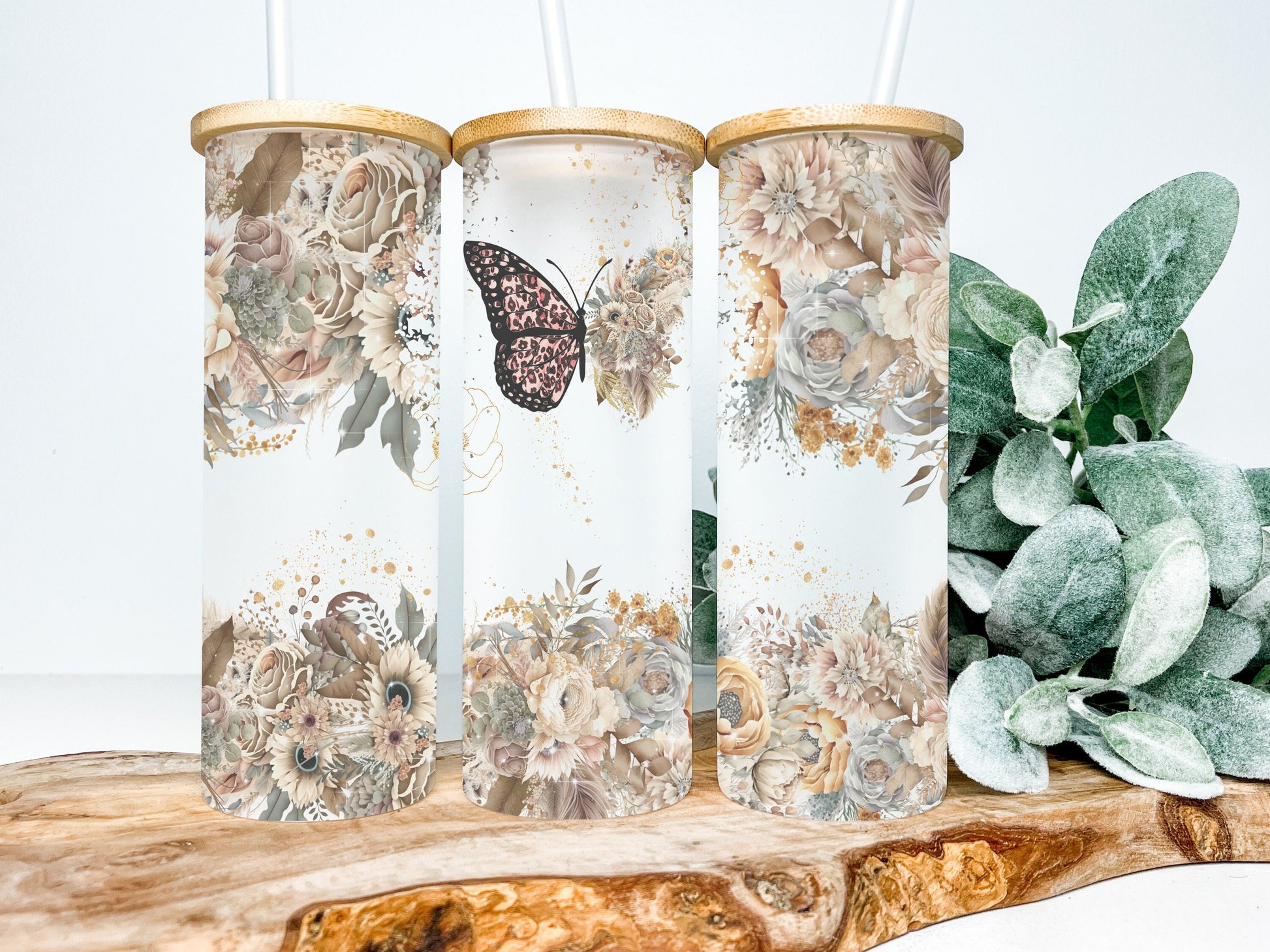 Floral Butterfly 25oz Frosted Glass Tumbler, Floral Butterfly Tumbler