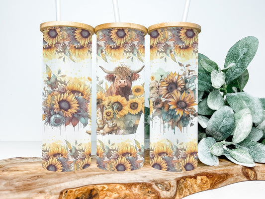 Sunflowers and Highland Cow 25oz Frosted Glass Tumbler, Highland Cow Tumbler