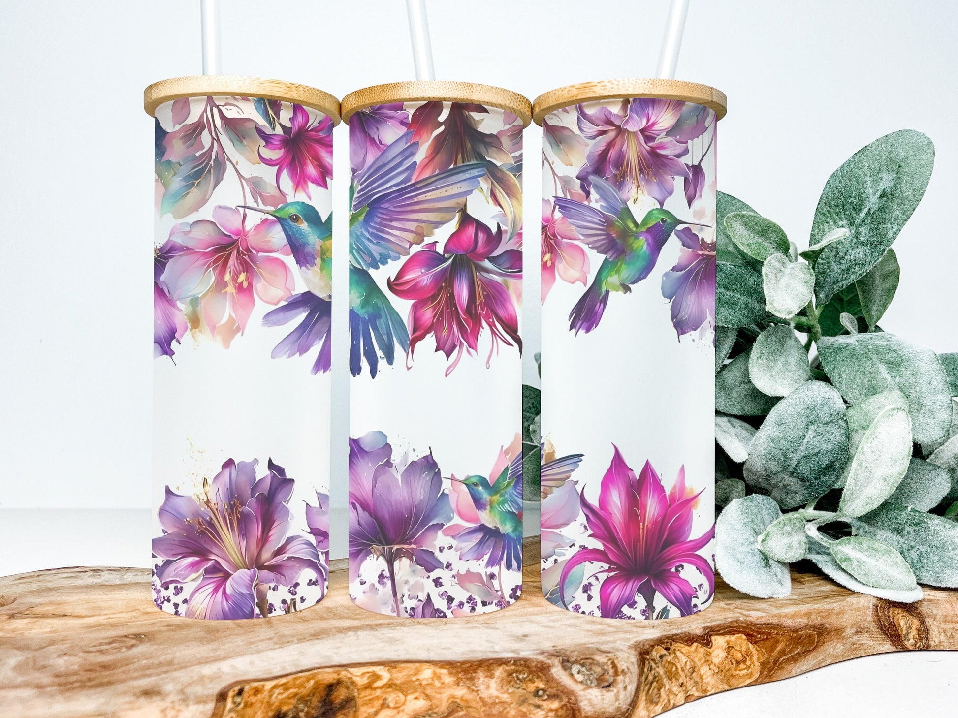 Floral Hummingbird 25oz Frosted Glass Tumbler, Floral Tumbler Hummingbird Tumbler