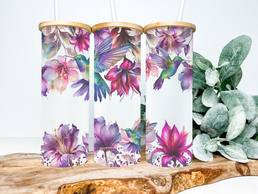 Floral Hummingbird 25oz Frosted Glass Tumbler, Floral Tumbler Hummingbird Tumbler