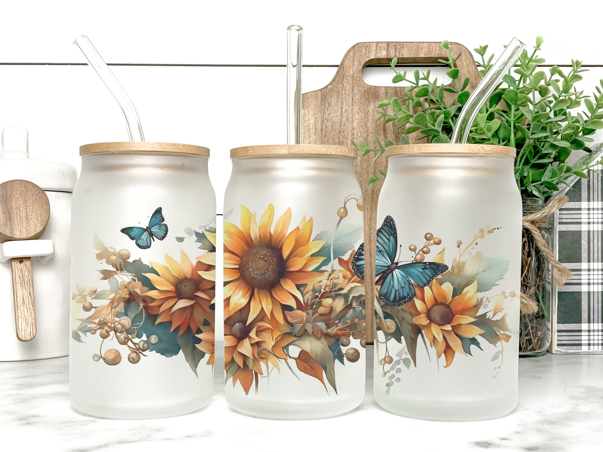 Sunflowers & Butterflies Cup Iced Coffee Cup Glass, Beer Can Glass, Sunflowers Coffee Cup, Glass Cup Coffee Can Beer