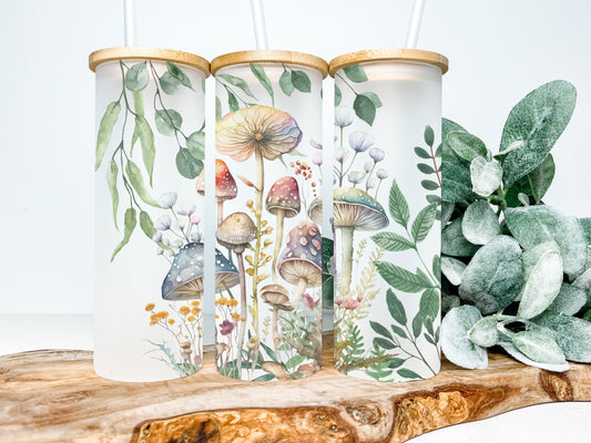 Cottagecore 25oz Frosted Glass Tumbler, Cottagecore Tumbler, Mushroom Tumbler
