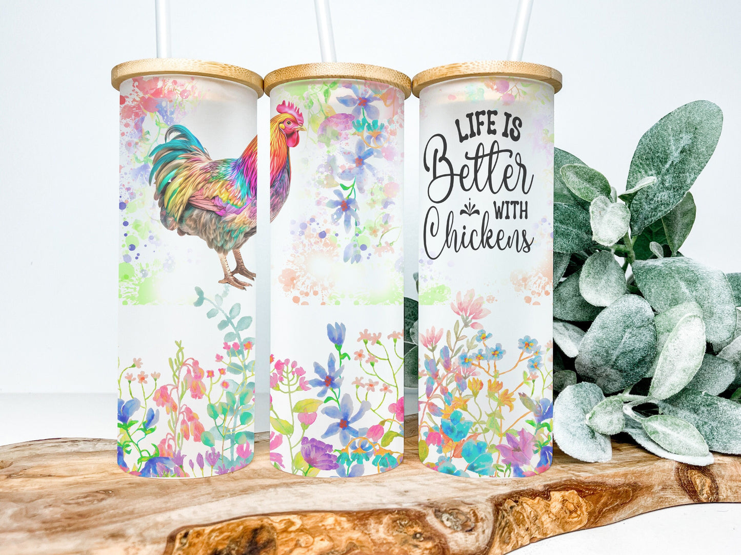 Life is Better with Chickens 25oz Frosted Glass Tumbler, Chicken Tumbler, Chicken Frosted Tumbler