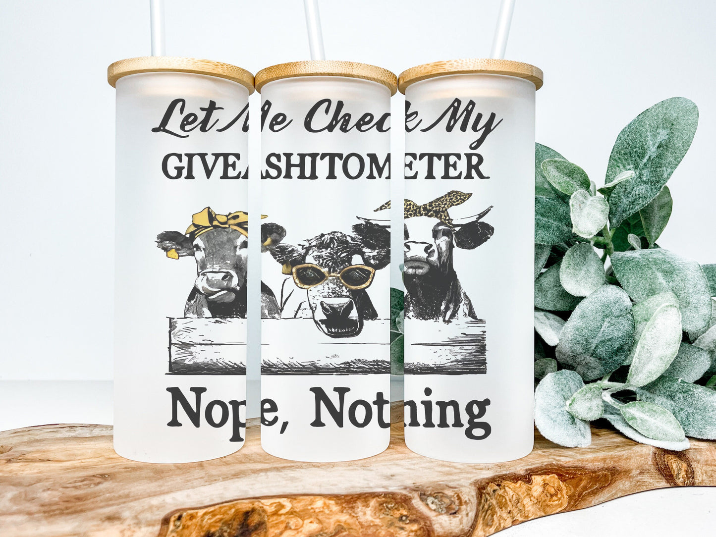 Let Me Check My Giveashitometer Cow 25oz Frosted Glass Tumbler, Funny Cow Tumbler