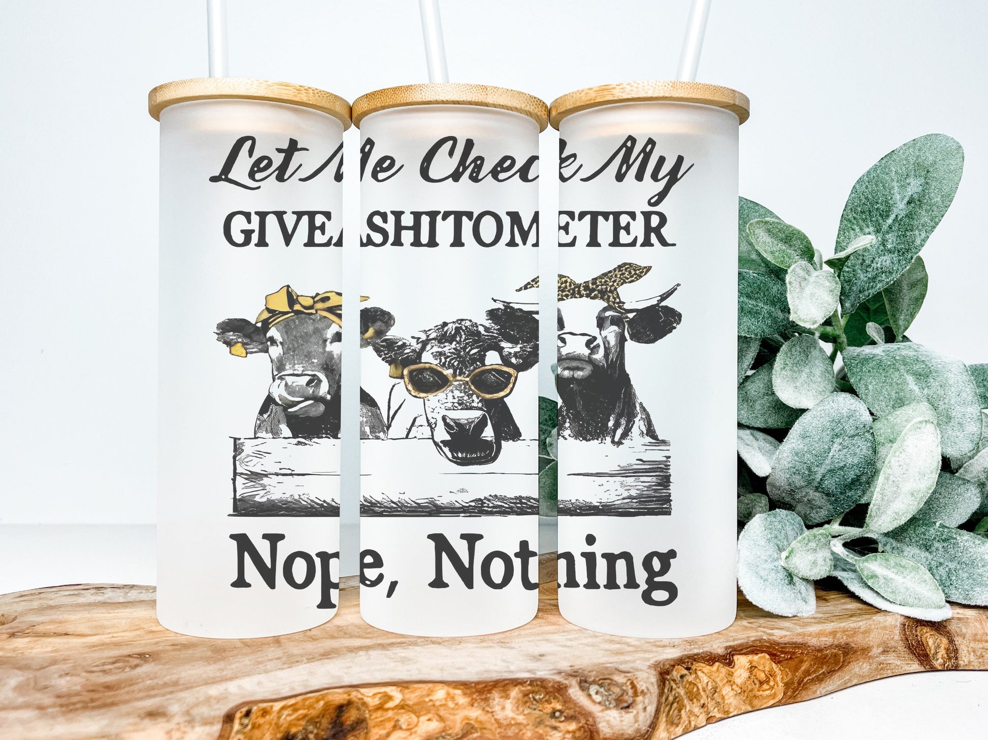 Let Me Check My Giveashitometer Cow 25oz Frosted Glass Tumbler, Funny Cow Tumbler