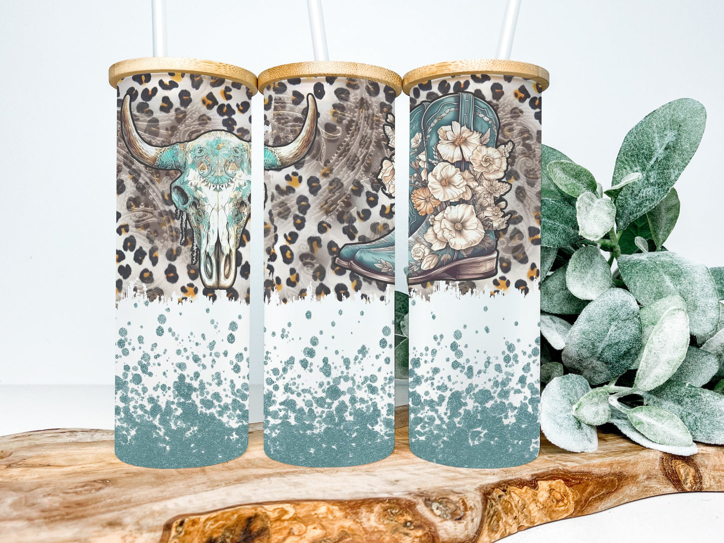 Western Bull Skulls 25oz Frosted Glass Tumbler, Western Bull Skull Tumbler