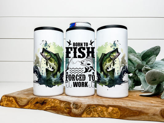 Born to Fish 4 in 1 Can Cooler, Fits all - Stainless Steel Can Cooler for 12oz Regular or Slim Cans & Bottles - Fishing Can Cooler