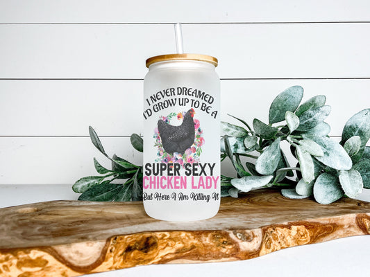 Sexy Chicken Lady Cup Iced Coffee Cup Glass, Beer Can Glass, Chicken Coffee Cup, Glass Cup Coffee Can Beer, Chicken Soda Can Glass