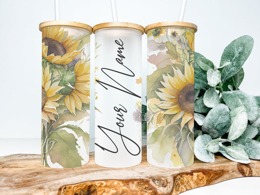 CUSTOM Sunflowers 25oz Frosted Glass Tumbler, Custom Sunflower Tumbler, Custom Sunflower Frosted Tumbler