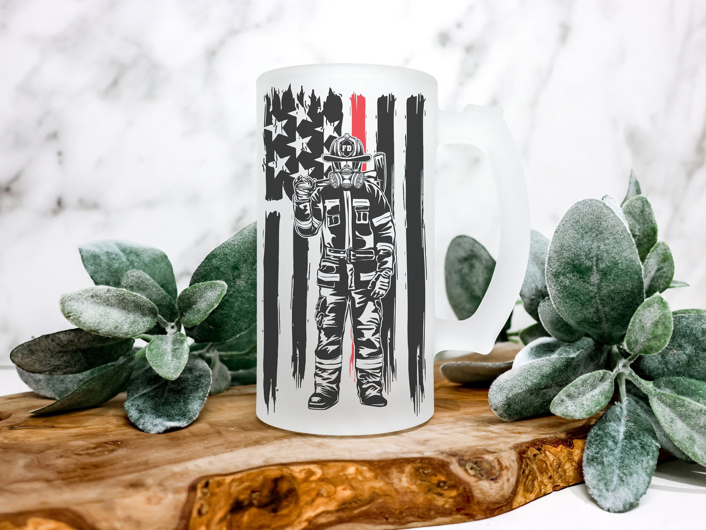 Firefighter Red Line Flag Frosted Stein, Firefighter Red Line Flag Beer Stein Beer Mug Firefighter Stein