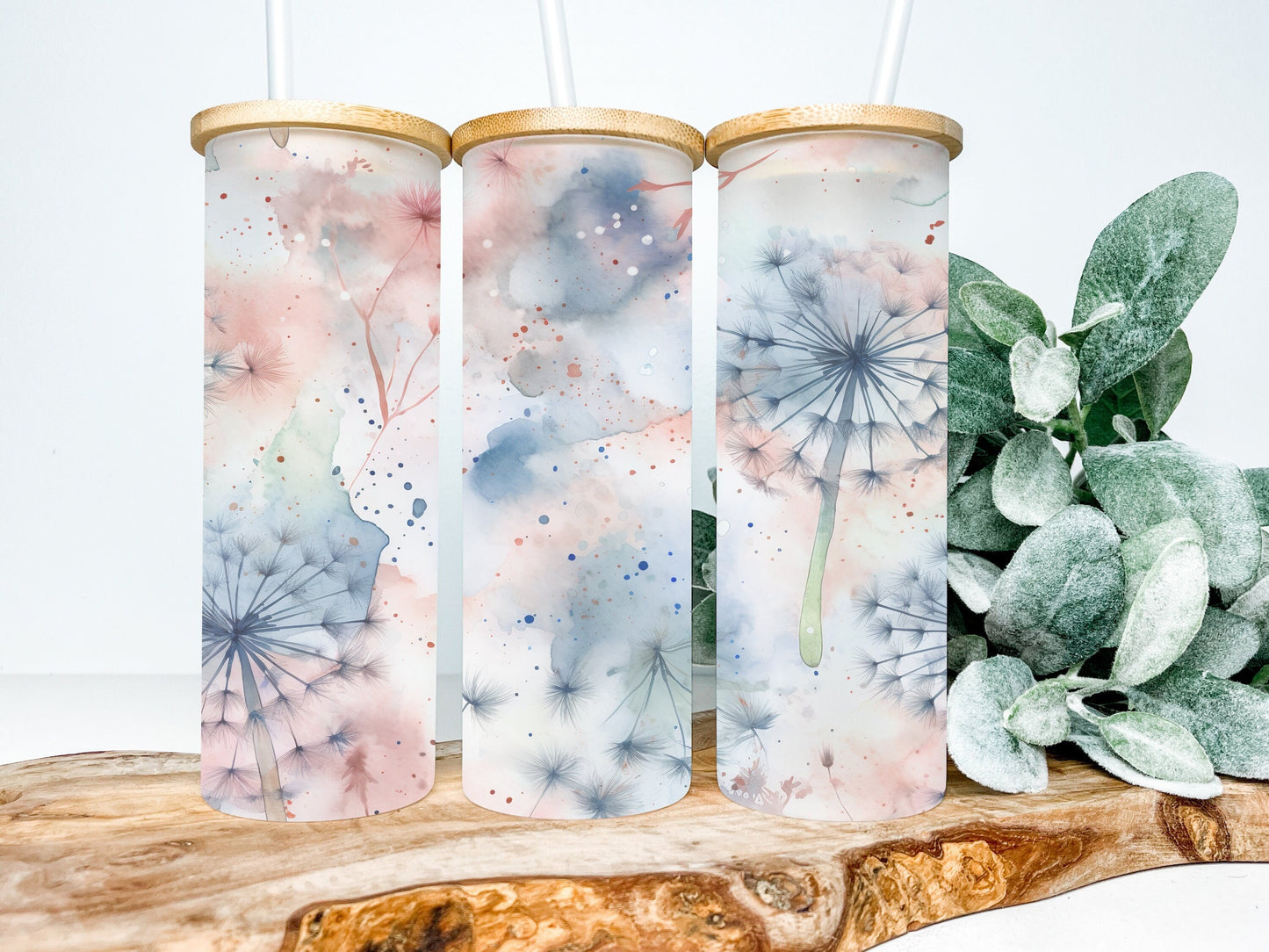 Watercolor Dandelion 25oz Frosted Glass Tumbler, Watercolor Dandelion Tumbler